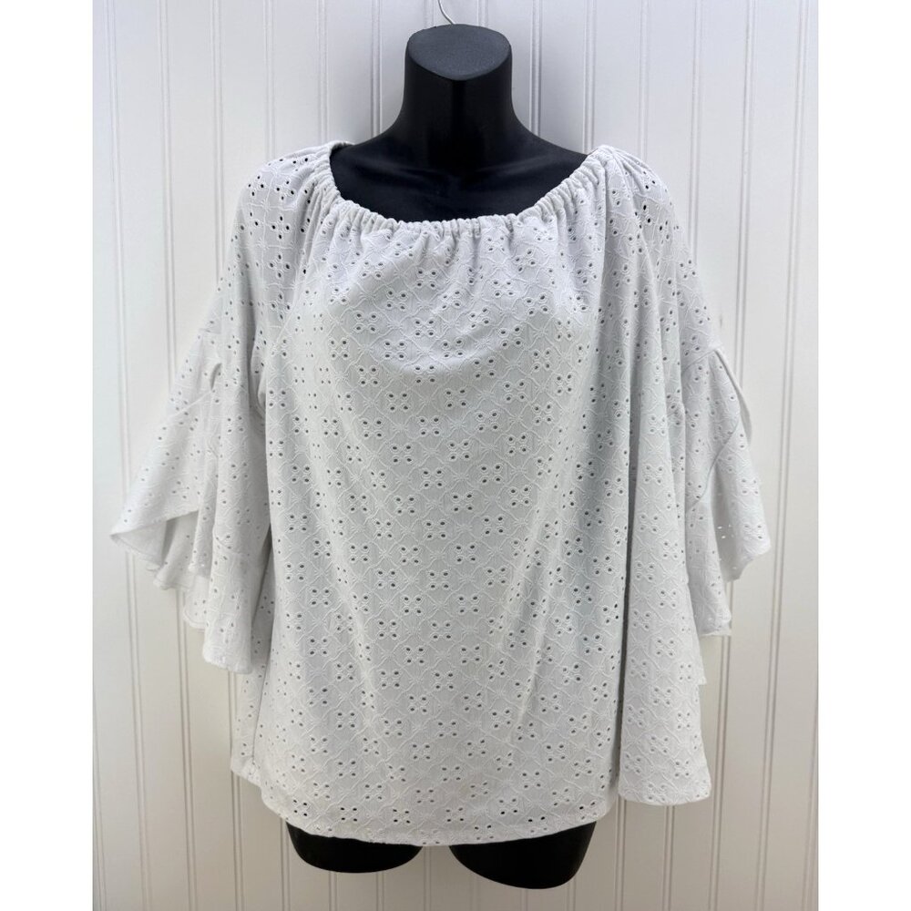 Chaus New York Women's  L Large Top White 3/4 Ruffle Sleeve Off Shoulder Eyelet